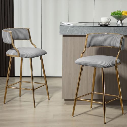 Butacos de Terciopelo Modernos para Isla de Cocina, Set de 2 Sillas Tapizadas con Espaldar y Patas Doradas, Color Gris, para Bar, Pub o Club miniatura 4