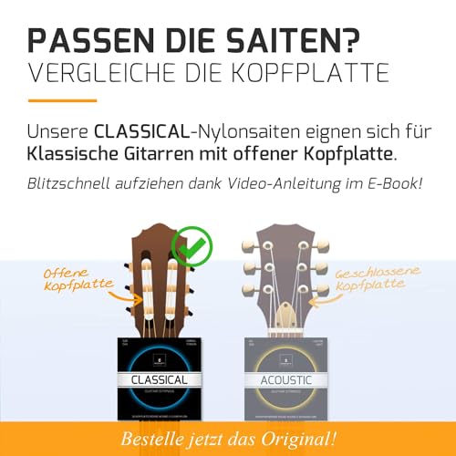 MORIATY® Gitarrensaiten Konzertgitarre, Saiten für klassische Gitarre aus Nylon und Silber, Akustikgitarre (7 Saiten-Set) | INKLUSIVE: 4 Plektren + Extra hohe E-Saite