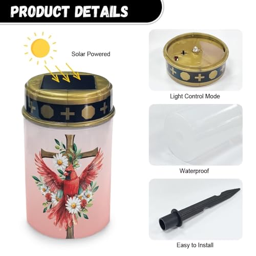 Image of Red Cardinal Bird and Cross Solar Grave Lights for Cemetery Flameless Solar Powered Light for Prayer Waterproof Outdoor Christmas Decor Cemetery Solar Lights for Grave Lamp