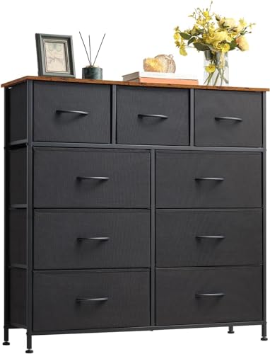 SKY-TOUCH Storage Cabinet : Bedroom Dresser with 9 Drawers Wide Storage Chest with Removable Fabric Bins Storage Organizer Unit for Living Room Entryway Hallway Nursery Kids Room (100*30*96CM Black)