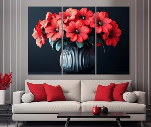Décoration murale florale moderne avec vase et gerberas rouges, triptyque toile salon - 2