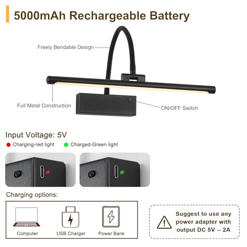 JOOSENLUX Wireless Picture Light - Battery Operated Black Wall Light with Remote Control - Dimmable Timer - 15.94” Display - Flexible Neck Swing Arm - Art Gallery Light - image 3