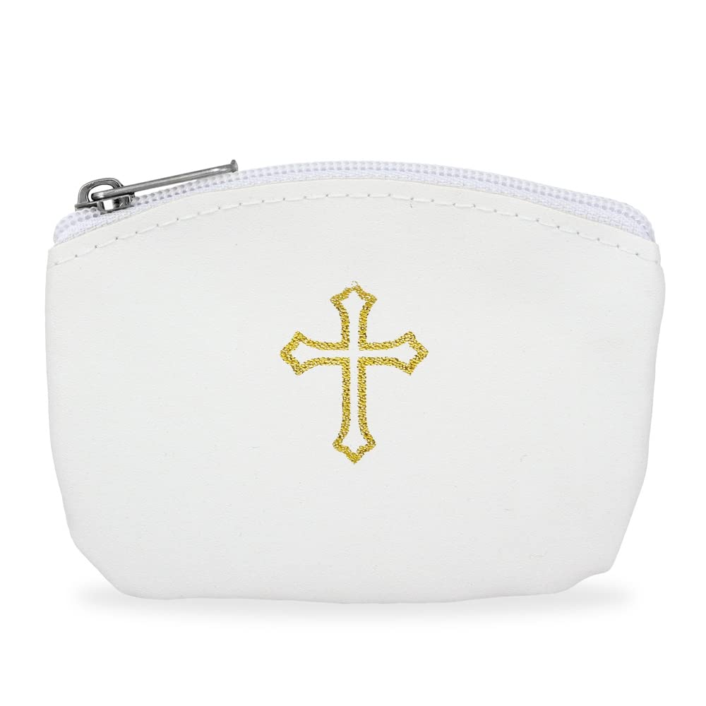 RosaryMartWhite Rosary Case with Zipper and Gold Cross Imprint