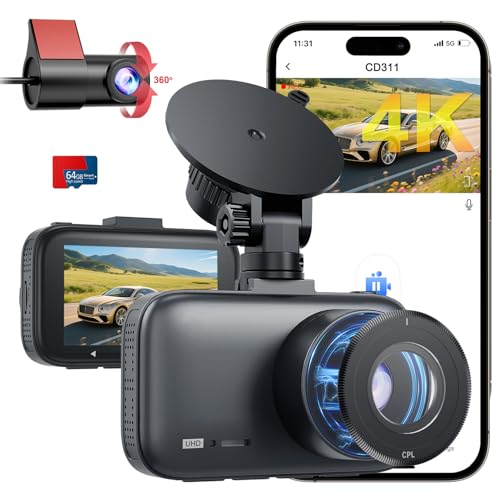 4K Dash Cam with CPL Filter,Dual Dash Cam,5G WiFi, APP Control, Free 64GB Card,Super Night Vision, 24H Parking Mode, G-Sensor, WDR, Loop Recording,Time Lapse Mode,3" IPS Screen