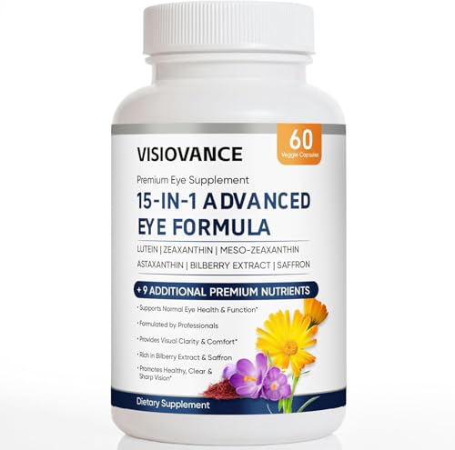 VisioVance 15 in 1 Advanced Eye Formula Eye Vitamin and Mineral Supplement with Lutein Zinc Luteolin Zeaxanthin & Bilberry Extract 60 Count (1)