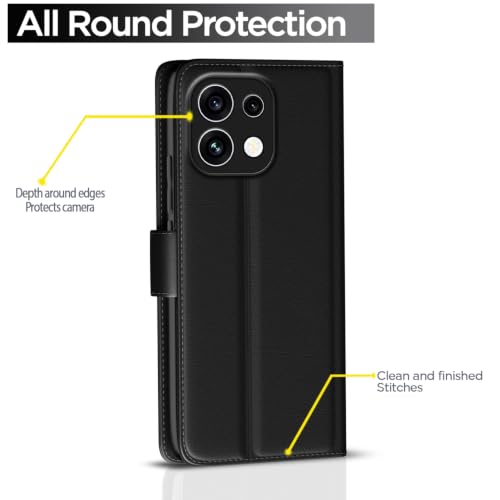 Image of Pikkme Flip Cover for Oppo Reno 16c 5G Leather Finish | Inside TPU with Card Pockets | Wallet Stand and Shock Proof | Complete Protection Flip Case (Black)