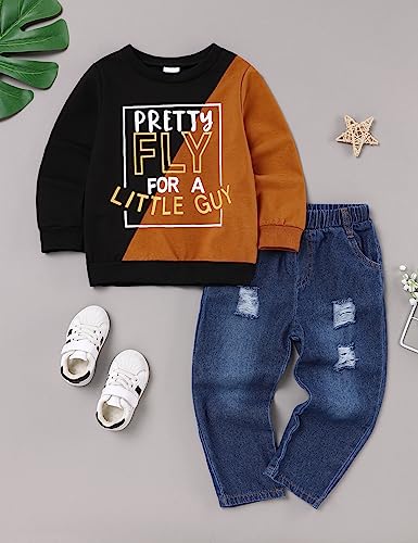 oklady Toddler Boy Clothes Colorblock Long Sleeve Letter Sweatshirts Top and Ripped Jeans Pants Boys Fall Winter Outfits 2-6T2