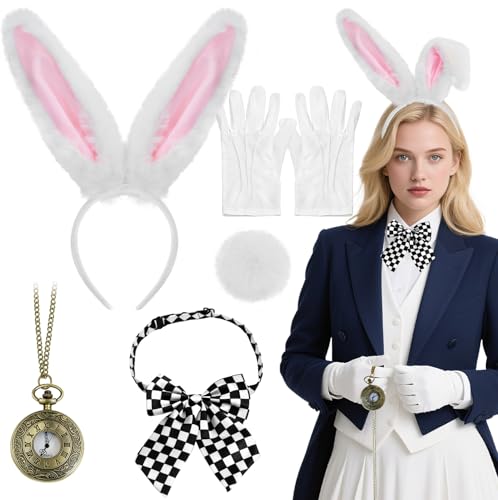 H-Style White Bunny Rabbit Costume Accessory Set, 5 PCS, Bunny Ears Headband, Bow Tie, Tail, Gloves, Pocket Watch Prop for Women, Halloween Costume Role Play and Party