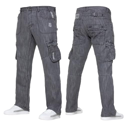 989Zé ENZO Mens Cargo Combat Jeans Casual Cotton Denim Straight Leg Pants Trousers Grey 36W / 30L