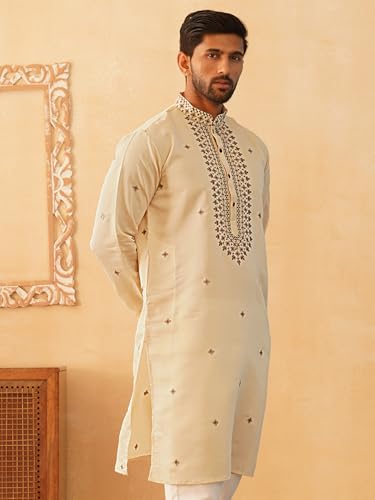 Image of Jompers Men's Cream Sequin Embroidered Kurtas (Cream, XL)