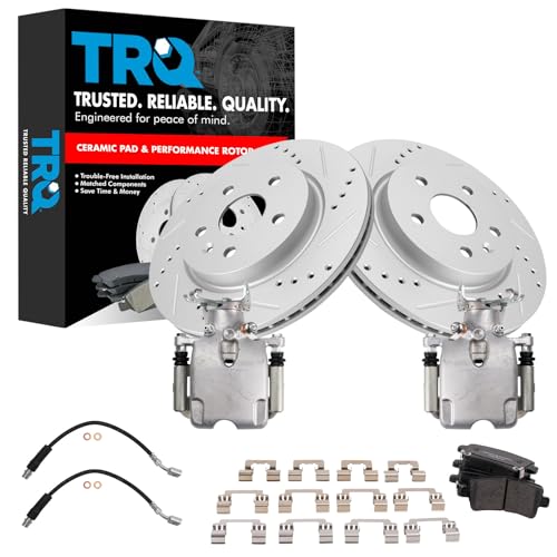 Image of TRQ Performance Rear Brake Pad and Rotor Set Ceramic Slotted Drilled Coated Rotors Calipers Compatible with 2010-2012 Buick LaCrosse