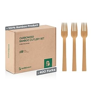 100% Bamboo Utensils – 400 Carbonized Forks Disposable Cutlery Biodegradable and Sanitized – Heavy Duty & Fully Functional