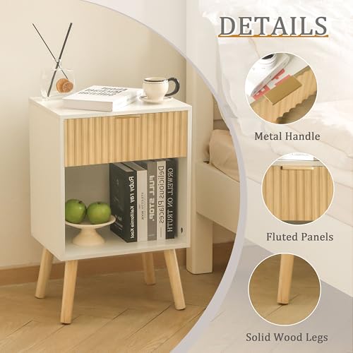 Image of Fultyle Nightstand, Modern Bedside Table with Drawer and Open Shelf, Fluted Night Stand with Solid Wood Legs for Bedroom, Living Room, Office (White Oak)