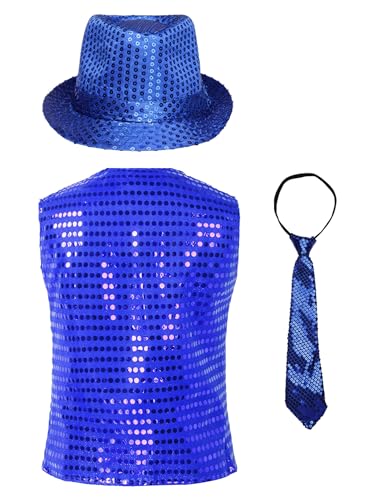 CHICTRY Kids Boys Shiny Sequin Vest Top Jacket Waistcoat & Hat & Necktie Hip Hop Jazz Dancewear2