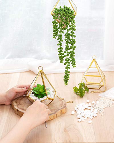 Mkono Artificial Succulent Plants With Hanging Glass Geometric Terrarium, Set Of 3 Mini Vertical Miniature Potted Fake Plant For Home Office Decor Dorm Wedding Gift Idea, Gold #TOP1