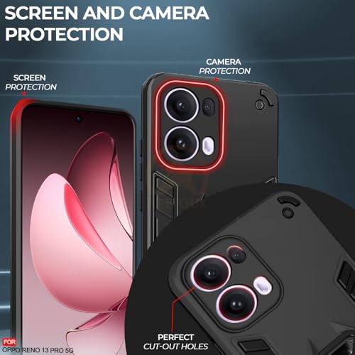 Image of AESTMO Oppo Reno 13 Pro 5G Back Case Cover | Tough Armor Bumper | Ring Holder & Kickstand in-Built | 360 Degree Protection Cover for Oppo Reno 13 Pro 5G (Black)