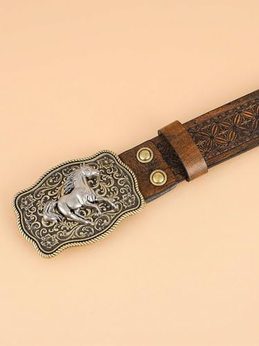 Mens Western Cowboy Leather Belts, Genuine Leather belts, Horse Pattern, Floral Engraved Buckle Belt3