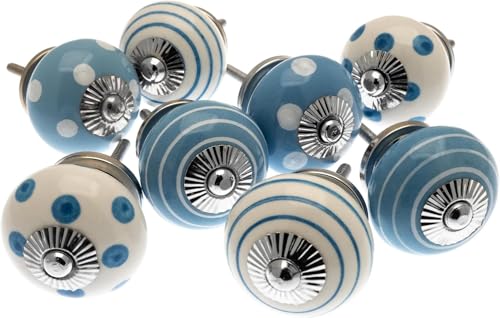 Mango Tree Lot de 8 boutons de porte et tiroir en céramique à pois et rayures bleus et blancs