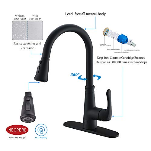 Touchless Kitchen Faucet With Pulldown Sprayer,20 Single Kitchen Sink Faucets Black Pull Out Sprayer,High Arc Pulldown Single Handle For Motion Sensor,1Handle 3 Hole Deck Mount,Black (Black) #TOP6