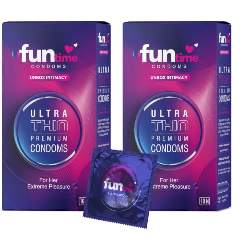 Image of Funtime Ultra Thin comdoms Pack of 2 (10pc each) | Dotted Ribbed & Contoured Condoms for Maximum Pleasure | Made With Natural Rubber Latex | Lubricated Condoms for High Excitement & Satisfaction
