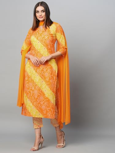 Image of GoSriKi Women's Cotton Blend Printed Straight Kurta with Pant & Dupatta