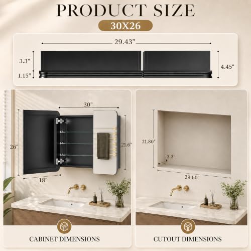 Image of 30x26 Black Medicine Cabinet with Mirror, Recessed & Surface Mount