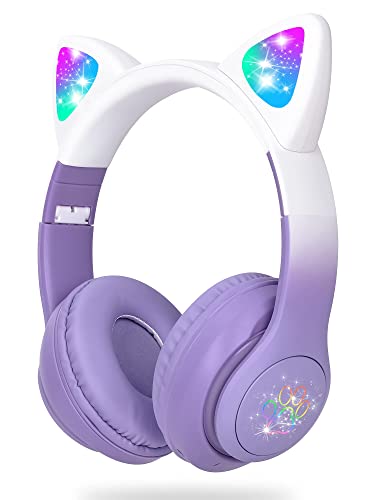 SENCU Wireless Headphones Kids, Cat Ear LED Light Up Foldable Kids Bluetooth Headphone,HD Stereo Sound Childrens Headphones Built in Microphone for PC/Phone/iPad/Study/Travel (gradient purple)