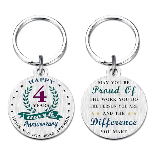 Viayen Happy 4 Year Work Anniversary Keychain Gifts for Employee Coworker- Four 4th Year Job Anniversary Keychain for Women Men