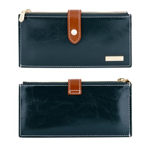 Image of ANDOILT Women's Genuine Leather Wallet RFID Blocking Credit Card Holder Zipper Purse Cell Phone Handbag