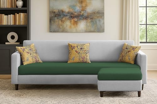 Image of Casaliving Premium Lifestyle Fabric 5 Seater L Shape Sofa Set 4 Seater Modern Sofa Set & Ottoman for Living Room (Green Grey Color)