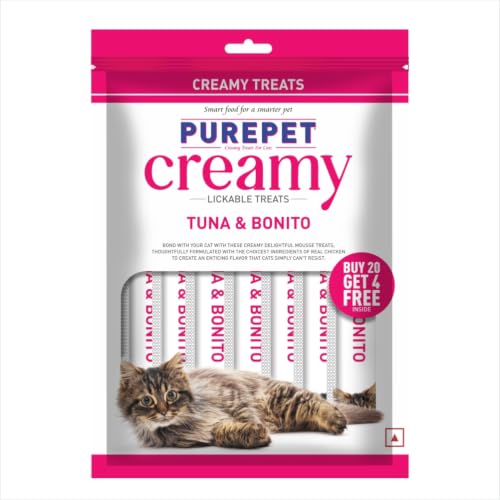 Purepet Creamy Lickable Cat Treats(15g x 24 Pieces) 360g | Tuna & Bonito Flavour | Rich in Protein | Taurine for Heart & Vision | Ideal for Training |