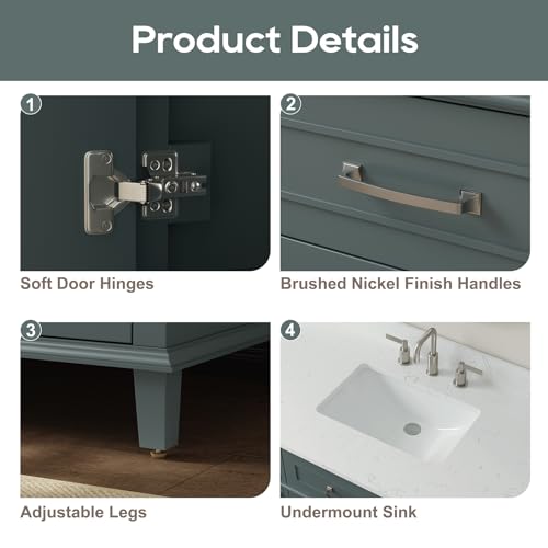 DELUXE LIVING 60 Inch Bathroom Vanity with Sink, Single Sink Bathroom Vanity with Adjustable Feets, Modern Bathroom Storage Cabinet with Soft Closing Doors & Dovetail Drawers, Green - Thumbnail 4