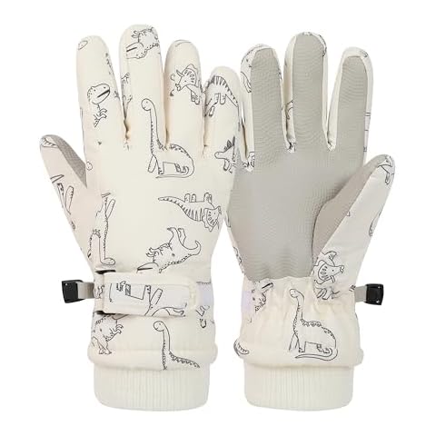 LPMOERA Kids Gloves Winter Toddler Snow Waterproof Gloves For Boys Girls Ski Gloves Toddler Mittens Windproof White Dinosaur S (5-8T) Cover