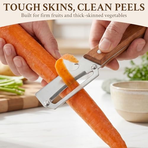 Image of 2026 Upgrade Vegetable Peeler and Julienne Peeler Set, Stainless Steel Vegetable Peelers for Kitchen with Wood Handles and Bottle Opener, 2-Pcs Multifunctional Vegetable Peeler Set