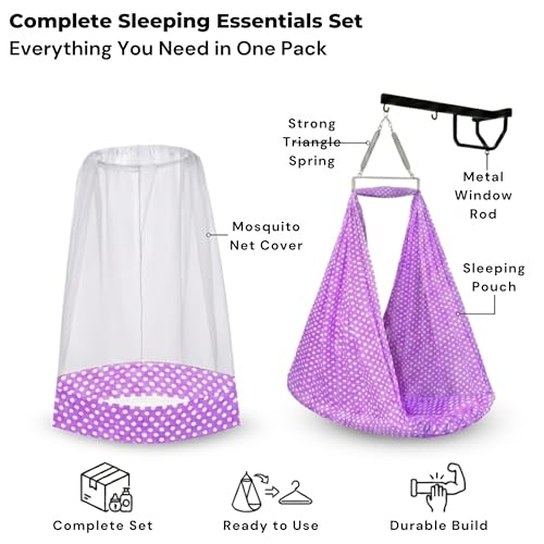Image of Vparents Sleeping Essentials with Mosquito Net & Spring with Stand, Polka Dots (Purple)