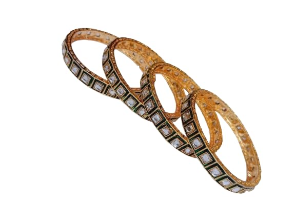 Brass Green Gold Pleated Square Design Mirror Stone Kundan Bangles for Women and Girl's - Set of 2 Pairs-image-25