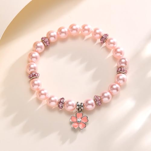 Image of Bracelet Proposal Flower Girl Wedding,Teacher Thanksgiving Gifts,Flower Pendants and Pearl Bracelets for Wife Mother Daughter Packaged in Wedding Gift Boxes