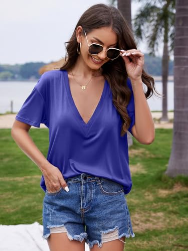 Image of UNCLECAT Womens Deep V Neck T Shirts Summer Oversized Short Sleeve Tops