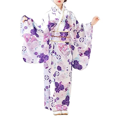 Generisch Albornoz de kimono japonés para niñas con estampado floral de manga larga elegante cinturón Obi casual vestido de fiesta ropa de uso diario, morado, 11-12Years