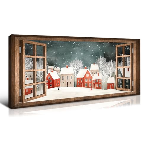 Landada Vintage Window View Wall Art, White Christmas Tree Decorative