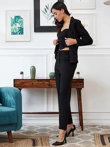 Image of Florely Women's Lycra Solid Three Piece Outfits Blazer Co-Ord Set Women Outdoor Wear Maxi Dress Crop top Party Dress Stylish Dresses