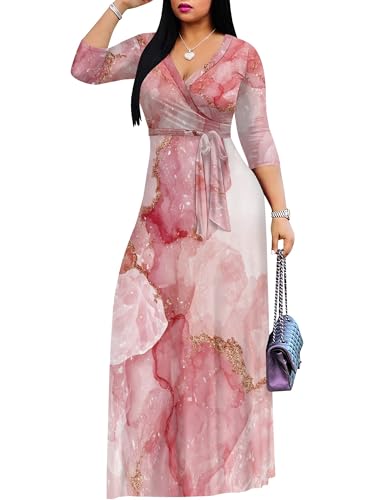 Image of Plus Size Dresses for Women Print Maxi Dresses 3 /4 Sleeve with Belt