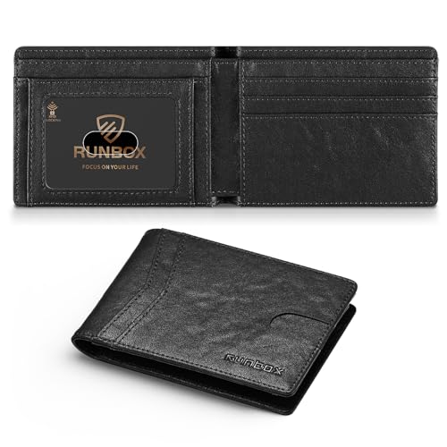 Image of RUNBOX Wallet for Men Slim Leather Bifold RFID Blocking Minimalist Front Pocket Design with Gift Box | Minimalist Front Pocket Design, Holds 8 Cards, RFID Protection, Gifts for Men on Birthdays, Father's Day, and Christmas