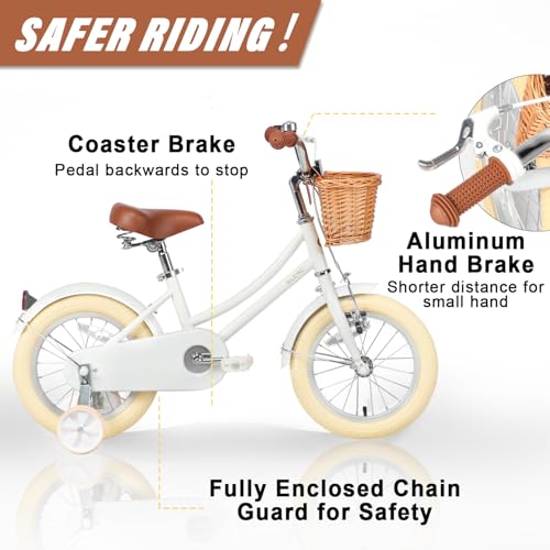 Image of Glerc Little Molly 12-20 Inch Kids Retro Cruiser Bike for 2-13 Year Old with Wicker Basket & Training Wheels /Kickstand, Multiple Colors