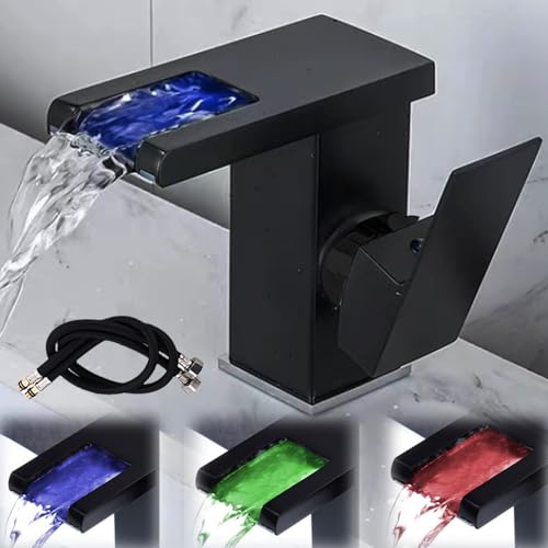 Éclairage LED Robinet de Salle de Bain Noir Robinet Cascade Robinet de Lavabo 3 Couleurs, Robinet d'Eau Chaude et Froide, Mitigeur Monocommande Moderne, Lavabo pour...