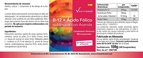 Vitamintrend Vitamin B-12 + Folsäure sublingual mit Acerola, 180 Tabletten, hochdosiert mit 500µg Vitamin B12, Nahrungsergänzungsmittel vegan ohne Magnesiumstearat, in Deutschland hergestellt