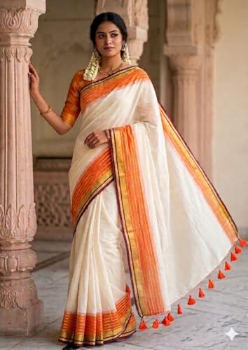 Image of Women's Mul Cotton Saree with Tassels | Soft Mulmul Saree | Woven Stripes & Zari Line | 5.5 Metres - Without Blouse
