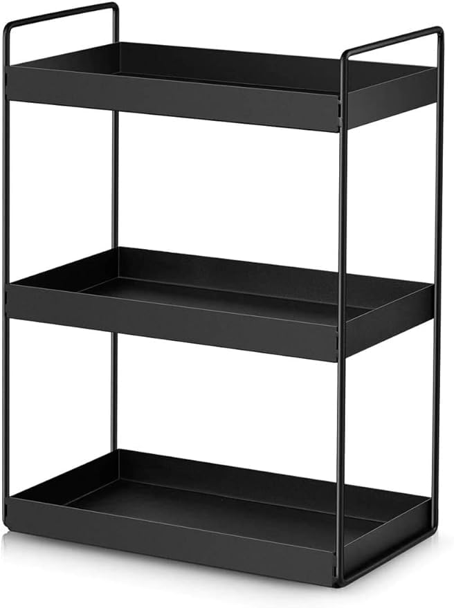 AMEXTRON Multipurpose 3 Tier Kitchen Organizer Metal Rack | Heavy-Duty Metal Storage Shelf Stand for Kitchen & Bathroom | 3-Tier Shelf for Countertop Storage | Made in India | Black