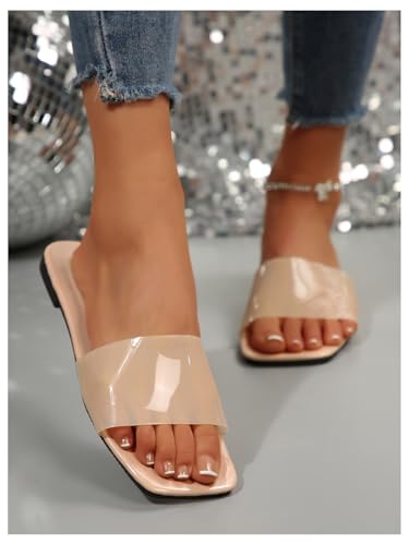 Image of Verdusa Clear Sandals For Women Square Toe Slides Summer Slip On Beach Flat Sandals