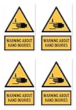 Aufkleber: 150x100 mm, 4 Stück - Warnung vor Handverletzungen - Sprache: englisch - Warnzeichen mit Text (gelb/schwarz) - hochkant - W024 - DIN EN ISO 7010